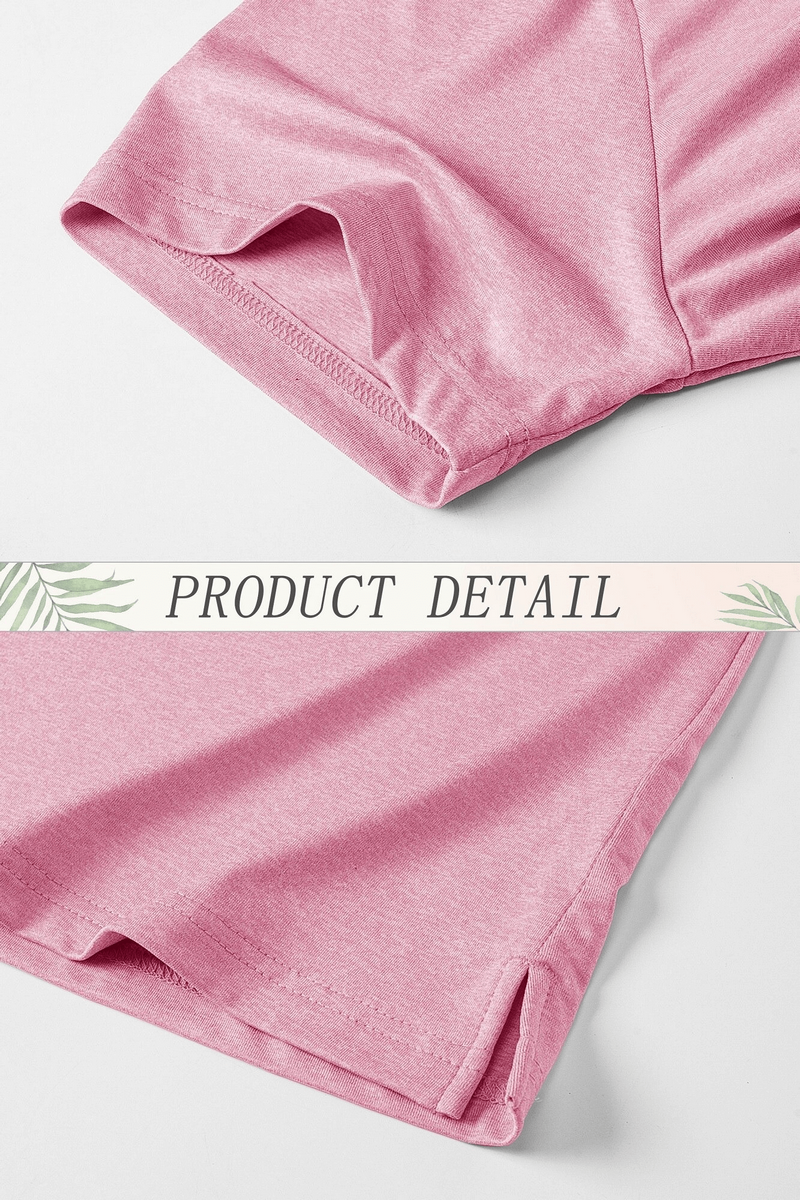 Close-up view of women's pink V-neck sports t-shirt fabric and detailing, featuring short sleeves and breathable material.